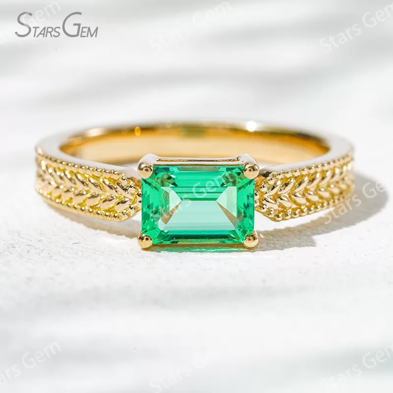 5×7mm Octagon Emerald Cut Lab Grown Emerald 18K Yellow Gold Solitaire Engagement Ring