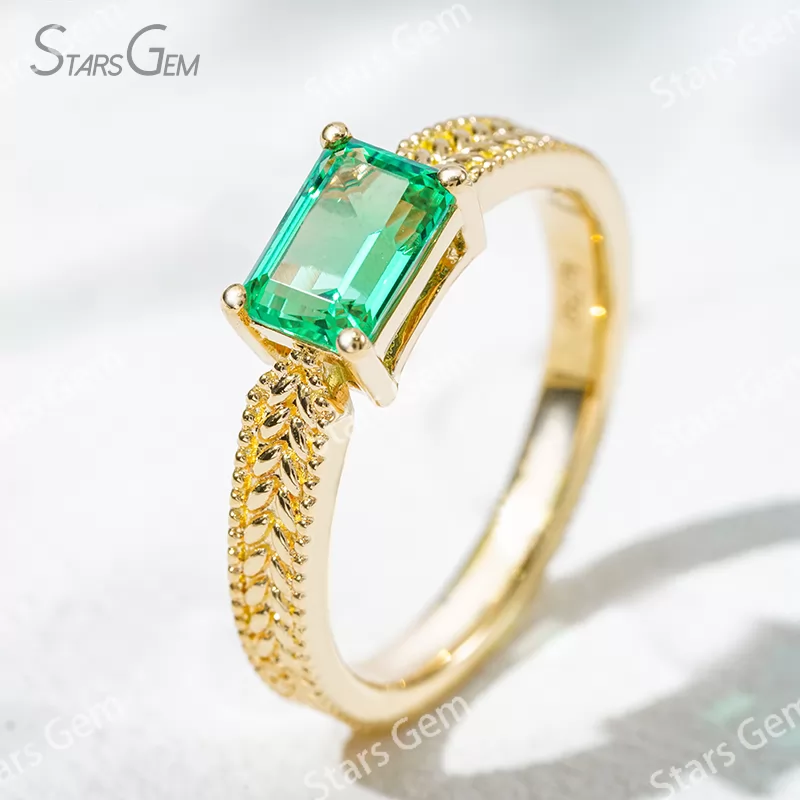 5×7mm Octagon Emerald Cut Lab Grown Emerald 18K Yellow Gold Solitaire Engagement Ring