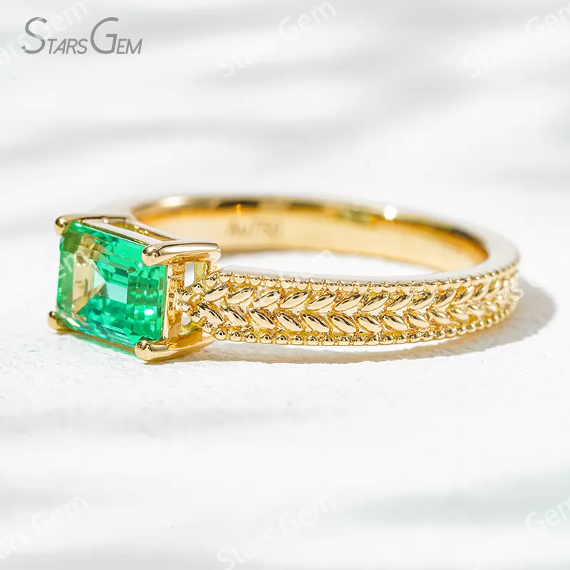 5×7mm Octagon Emerald Cut Lab Grown Emerald 18K Yellow Gold Solitaire Engagement Ring