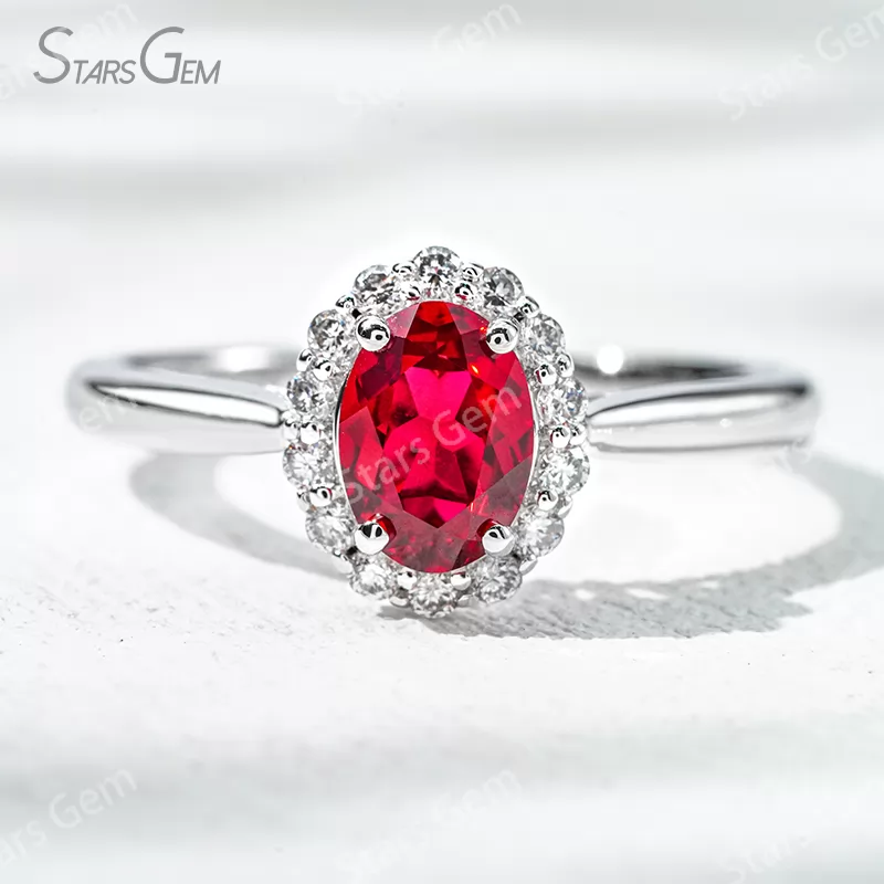 5×7mm Oval Cut Lab Grown Ruby 18K White Gold Halo Engagement Ring