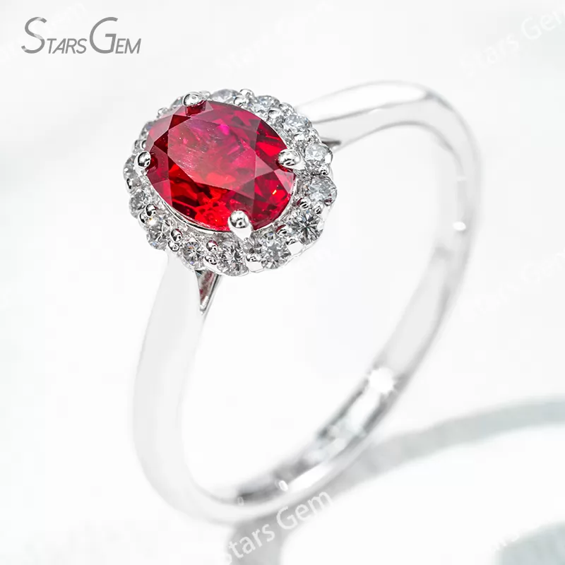 5×7mm Oval Cut Lab Grown Ruby 18K White Gold Halo Engagement Ring