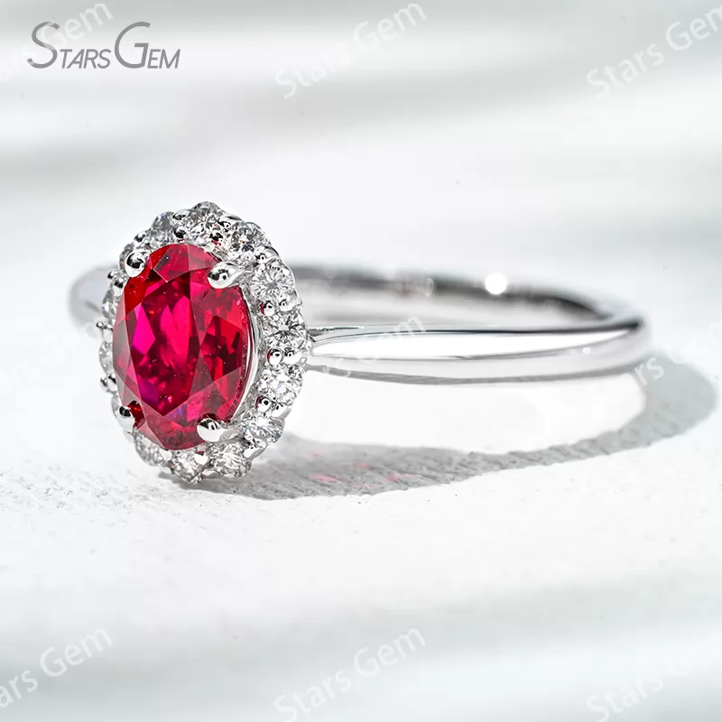 5×7mm Oval Cut Lab Grown Ruby 18K White Gold Halo Engagement Ring