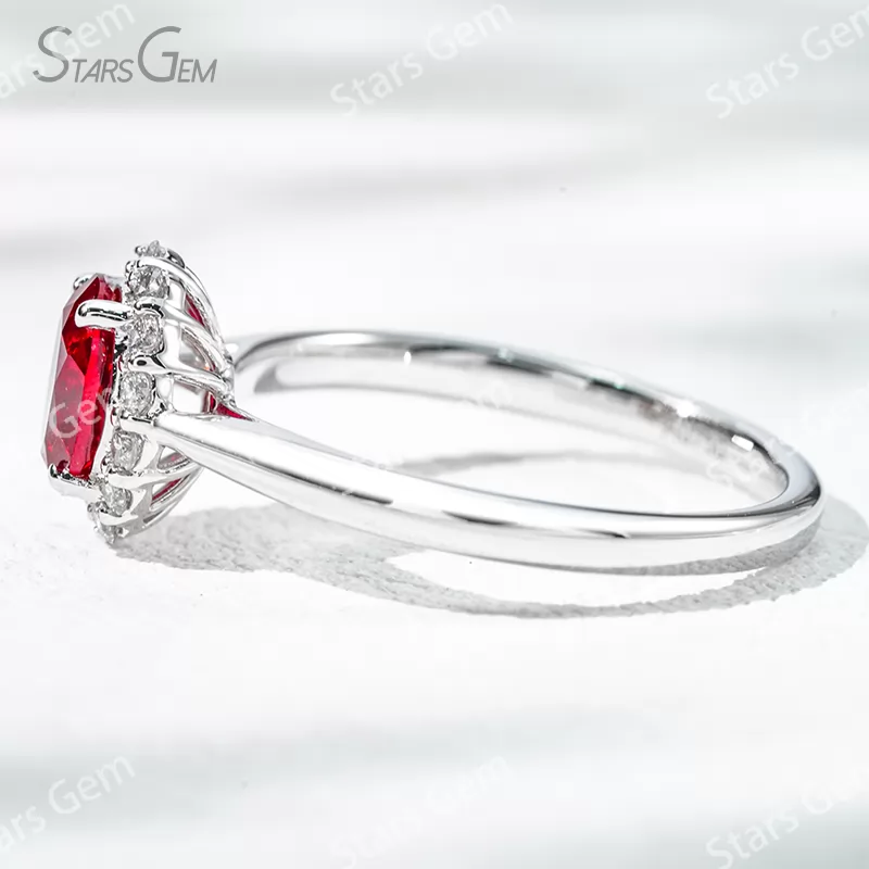 5×7mm Oval Cut Lab Grown Ruby 18K White Gold Halo Engagement Ring