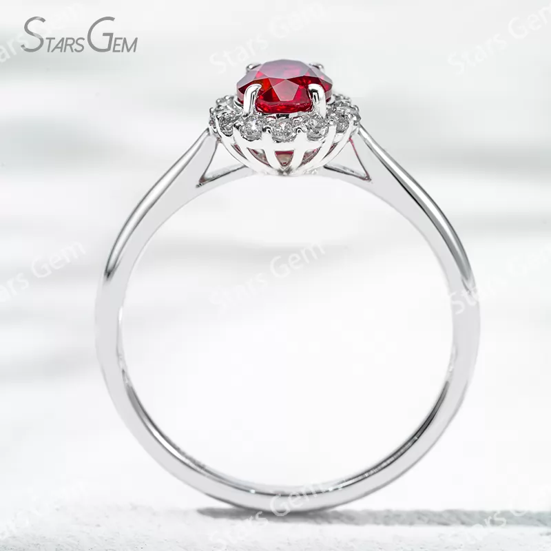 5×7mm Oval Cut Lab Grown Ruby 18K White Gold Halo Engagement Ring