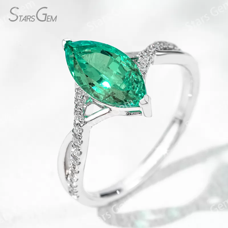 6×12mm Marquise Cut Lab Gemstones With Winding Band 18K Gold Pave Engagement Ring