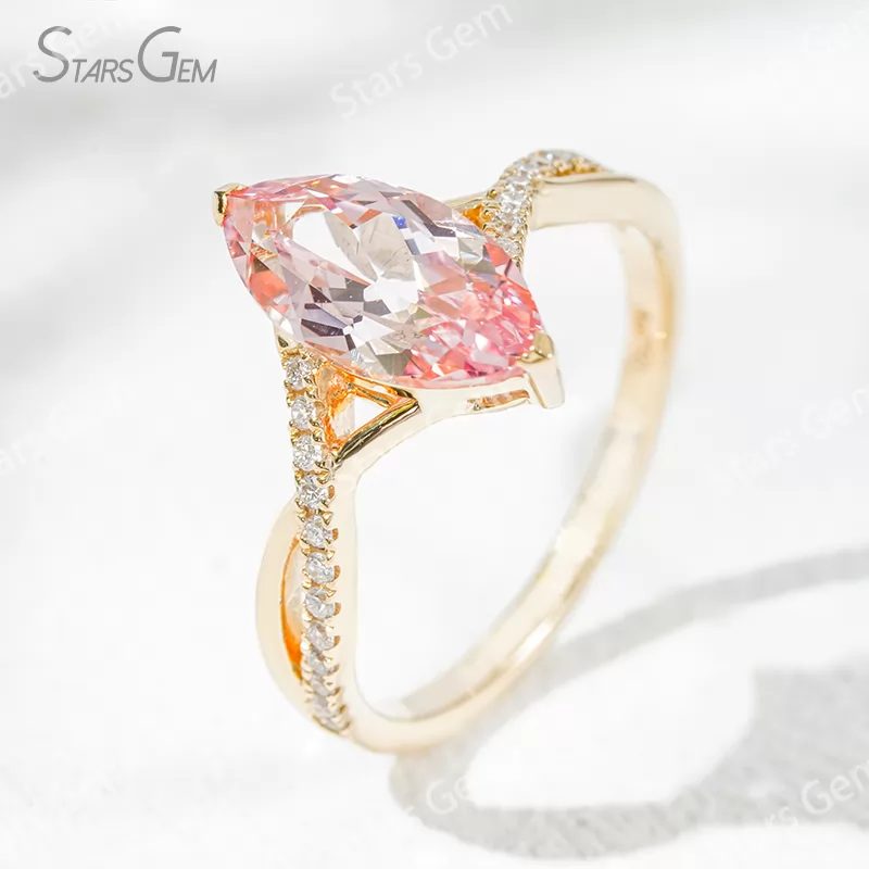 6×12mm Marquise Cut Lab Gemstones With Winding Band 18K Gold Pave Engagement Ring