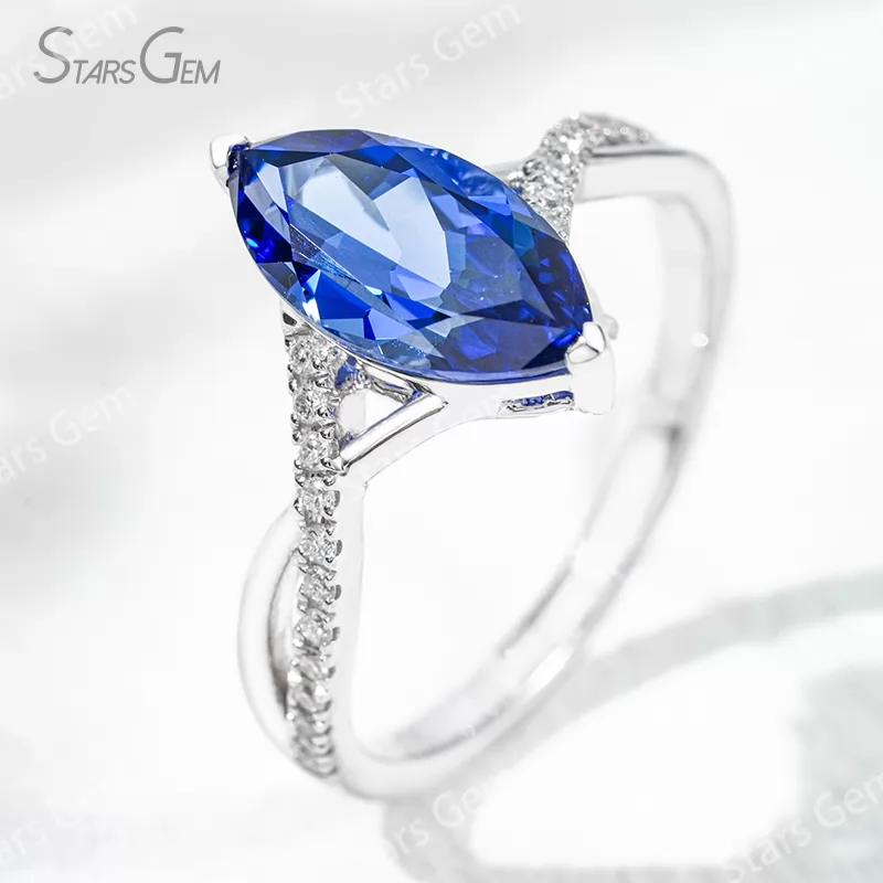 6×12mm Marquise Cut Lab Gemstones With Winding Band 18K Gold Pave Engagement Ring