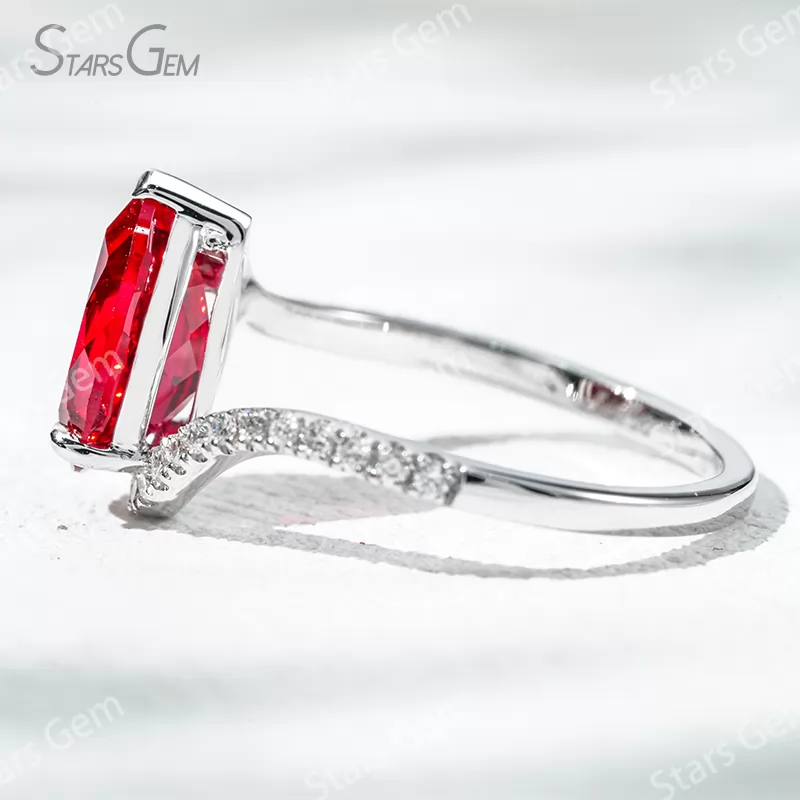 7×10mm Pear Cut Lab Grown Ruby 18K White Gold Pave Engagement Ring