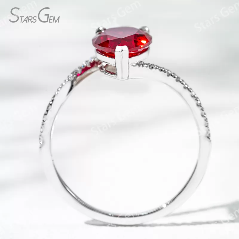 7×10mm Pear Cut Lab Grown Ruby 18K White Gold Pave Engagement Ring