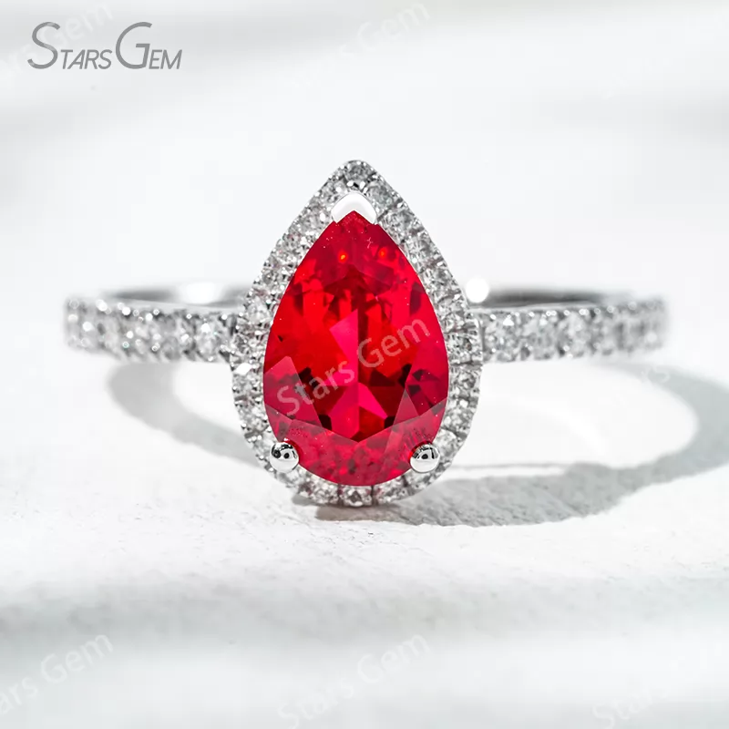 6×9​mm Pear Cut Lab Gemstones 18K Gold Halo Engagement Ring