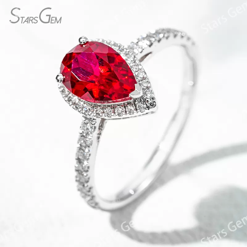 6×9​mm Pear Cut Lab Gemstones 18K Gold Halo Engagement Ring