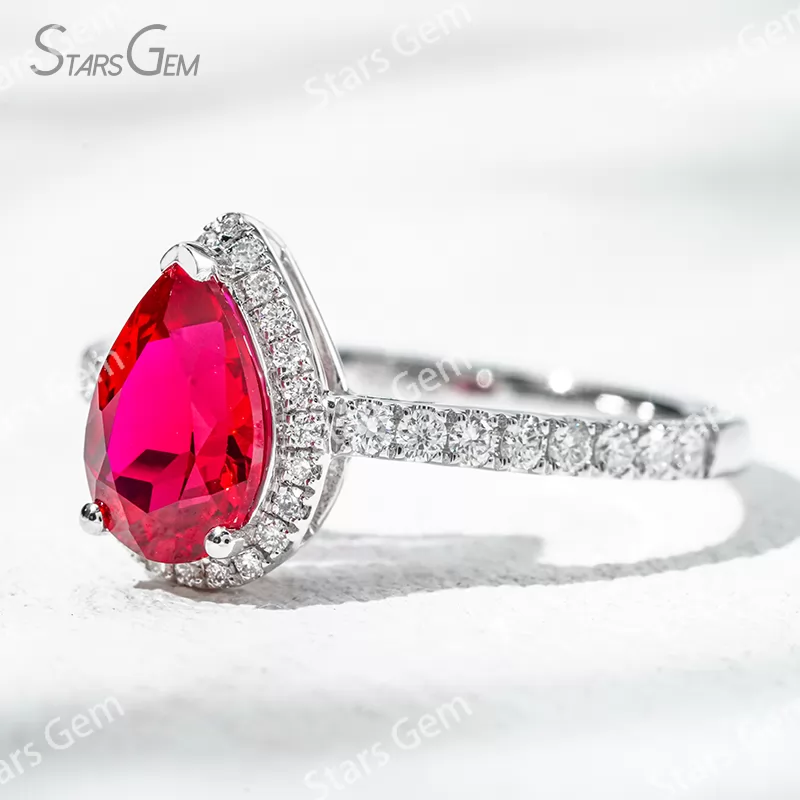6×9​mm Pear Cut Lab Gemstones 18K Gold Halo Engagement Ring